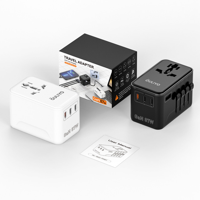 International Universal PD Fast Charger Travel Adapter Gan Material 87W Output 3 Type-C 1 USB Ports Multi Plug Socket All in One