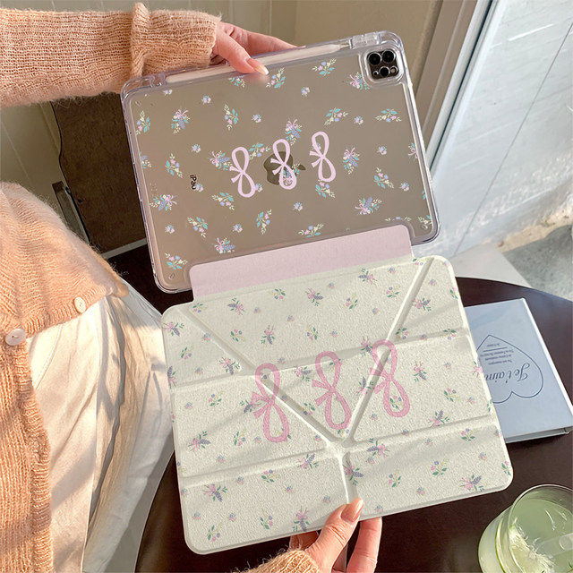 Pink Floral Bow Tri-Fold iPad Case, New 2026 Acrylic Protective Cover for iPad Air 8/7/6, 10th Gen, Pro 11", Mini 7 (10.9")