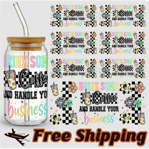 LIVRAISON GRATUITE Autocollant 3D personnalisé à motif floral et damier, transfert à froid, lavable, dessin animé, protection UV pour gobelets et tasses - Product Image 1