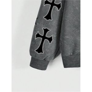 Veste polaire oversize zippée pour femme, style gothique, avec capuche en fourrure, ailes et croix, streetwear - Product Image 3