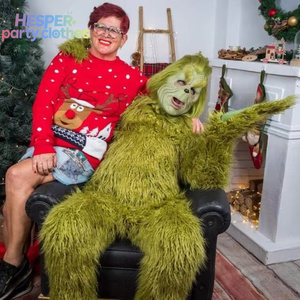 HESPER Christmas Green Hairy Monster Costume Santa Claus Wool Suit Velvet Short Sleeves Fancy Character Play Costume Cape Hooded - Product Image 1