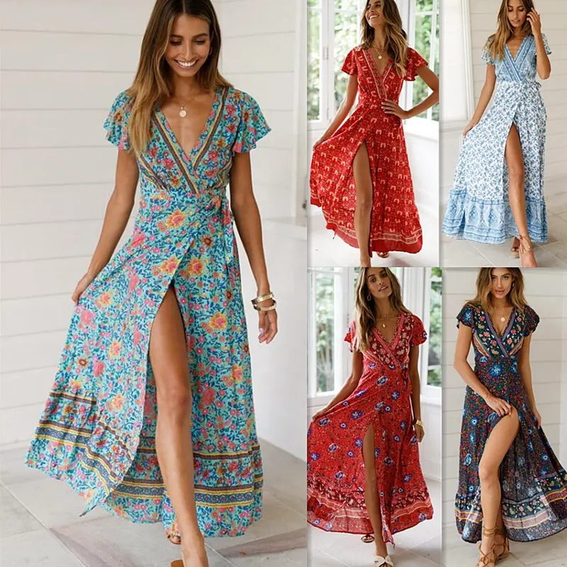 2021 Hot Selling Women Boho Floral Ruffle Dress Beach Party Tunic V Neck Wrap Split Long Maxi Dresses Casual Beach Women Dress