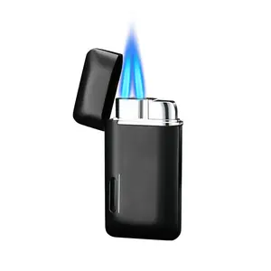 Encendedor de cigarrillos de Metal con logotipo personalizado, encendedor de antorcha de chorro de llama azul doble fresco a prueba de viento