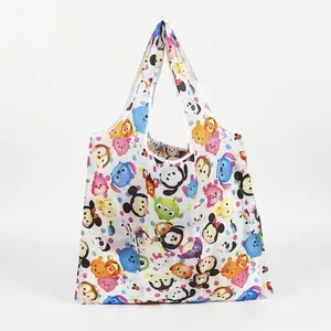 Eco friendly 190T PET all over print custom reusable polyester grocery tote bags with pouch
