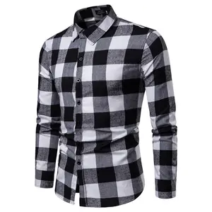 Factory custom white and black checks cotton winter custom wholesale oversized men boxy flannel shirt long sleeve plaid shirt