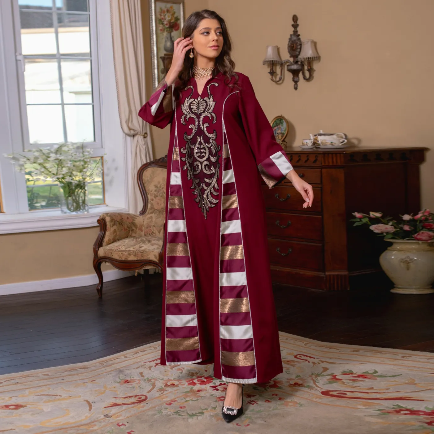 Y ab052 của phụ nữ Trung Đông quần áo sequin thêu chắp vá sọc truyền thống hồi giáo quần áo lớn áo choàng