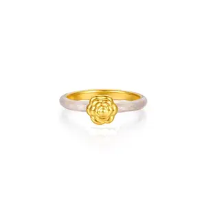 金色小花手机女子足球金色5D珐琅山茶花戒指，设计水平高