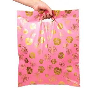 Tas Tangan Butik Ritel PE, Tas Pegangan Merchandise Plastik 15X18 Inci 100 Pak Mawar Emas Mengkilap untuk Belanja