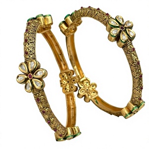 Designer Premium Quality Trendy Brass Gold Plated Kundan Polki Openable <b>Bangles</b> Two-Pair <b>Set</b> Wedding Collection Women - Product Image 2