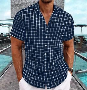 Nouveaux hommes décontracté <span class=keywords><strong>bleu</strong></span> <span class=keywords><strong>blanc</strong></span> <span class=keywords><strong>chemise</strong></span> à <span class=keywords><strong>carreaux</strong></span> boutonné à manches courtes Style Hip Hop Boxy Plaid chemises à <span class=keywords><strong>carreaux</strong></span> - Product Image 5