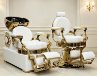 Ensemble de fauteuils de lavage de luxe blancs et dorés pour salon, fauteuil de barbier vintage avec bassin en céramique doré pour hommes, salon de beauté et barbier