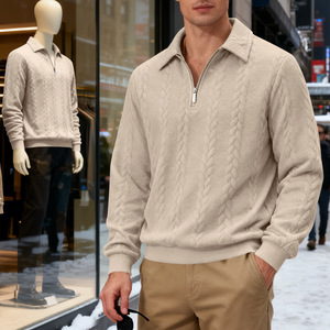 2026 Spring Autumn Men's Heavyweight Textured Casual Commute Lapel <b>Zip</b> <b>up</b> <b>Polo</b> Sweatshirt - Product Image 1