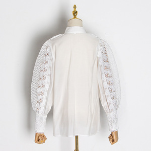 Camicie Traforate da Donna con Collo Alto, Maniche a Lanterna, Patchwork in <span class=keywords><strong>Pizzo</strong></span> e Rete, Vestibilità Ampia, Abbigliamento Autunnale 2024 - Product Image 5