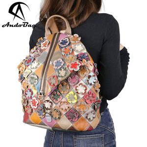 Sac à dos AndoBag à carreaux avec surpiqûres colorées pour femmes, sac à dos rétro en cuir véritable, grande capacité, sac à main 2495 - Product Image 1