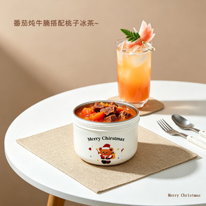 Christmas Bear Design Lunch Box 304 Stainless Steel Inner Portable Double Layer For Breakfast Oatmeal - Product Image 3