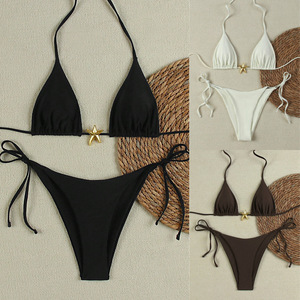 Women's Solid Color Metallic Triangle <b>Bikini</b> <b>Set</b> Crossed Halter Two Piece Swimsuit For Swimming And Water Sports - Product Image 1