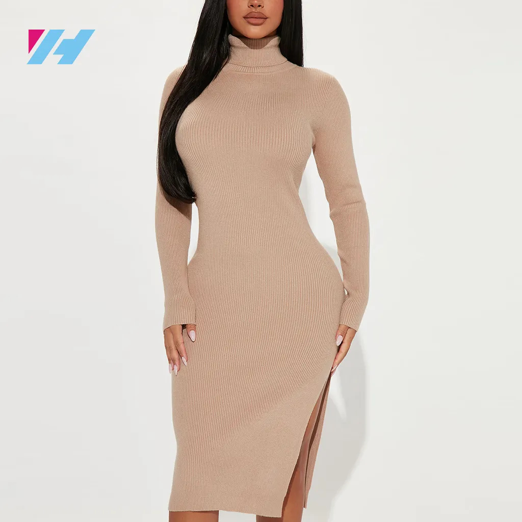 Women 2023 New Autumn Fashion Long Sleeve Turtleneck Sexy Bodycon Sweater Knitting Winter Dresses For Ladies