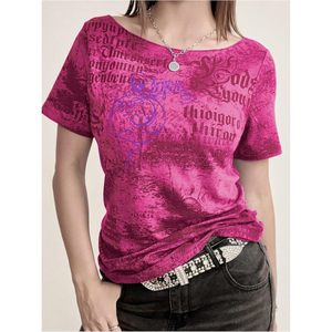 Women's Off The Shoulder Gothic Graphic Tee Y2k Grunge Vintage Summer <b>Top</b> Lightweight Polyester <b>One</b>-Shoulder Fashion <b>Top</b> - Product Image 4