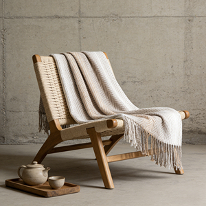 軽量で暖かいヘリンボーン柄のスローブランケット 150x200cm フリンジ付き ベッドやソファ用 - Product Image 5