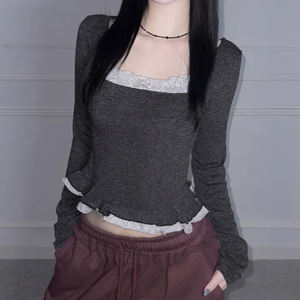 เสื้อยืดถักแขนยาวลายจุดบล็อกสี สไตล์เรโทร Y2K แฟชั่นลำลองแนวสตรีท ทรงเข้ารูป ใส่ได้ทุกวัน - Product Image 3