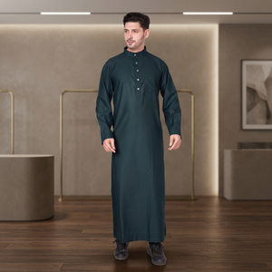 Túnica Masculina Color Verde Azulado Oscuro, Manga Larga, Cierre de Botones, Cuello Alto, Estilo Tradicional Saudí, Kuwaití, Emiratí, Islámico, Musulmán - Product Image 3