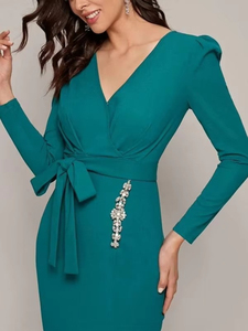 Vestidos Casuales Azules de Otoño para <span class=keywords><strong>Mujer</strong></span>, de Alta Calidad, en Poliéster, Corte Entallado, Manga Larga, Cuello en V, Abertura Lateral, Personalizados - Product Image 1