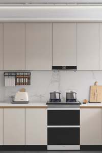 Armoires de cuisine modernes SANTOPOVA de couleur beige avec dosseret en marbre et four double intégré - Product Image 4