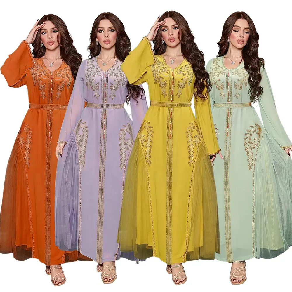 थोक 2023 मध्य पूर्व अरबी वस्त्र हीरे जड़ित मनका Tulle पोशाक दुबई महिलाओं कफ्तान Abaya मुस्लिम कपड़े