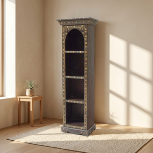Librería/Estantería de madera vintage con vitrina y cuatro niveles de estanterías de madera con herrajes de latón, mueble de biblioteca para el hogar, hotel, casa de campo. - Product Image 2