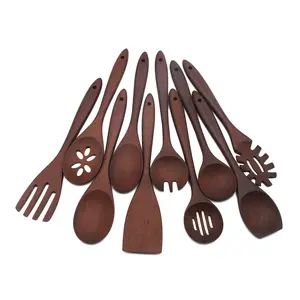 Kelas Tinggi 10 Buah Hitam Beech Kayu Sendok Spatula Peralatan Dapur Memasak Set Non-Stick Spatula untuk Memasak