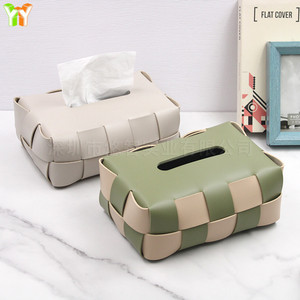 Caja de pañuelos tejida con diseño de tablero de ajedrez en blanco y negro, cubierta de cuero de estilo europeo para pañuelos faciales, para uso en el hogar y en el escritorio. - Product Image 3