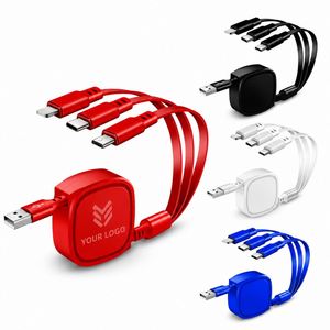 Câble USB 3-en-1 promotionnel personnalisé avec logo, chargeur portable télescopique multi-prises avec boîte rétractable pour la vente en gros - Product Image 1