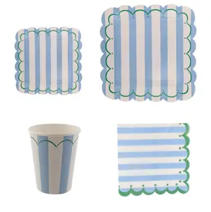 Juegos de servilletas con vasos y platos de papel a rayas, venta al por mayor de fábrica, kits de suministros desechables para fiestas de 9/7 pulgadas, rosa y azul