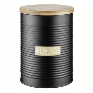 Boîte de rangement pour café Otto, en métal noir côtelé avec couvercle en bois, boîte à sucre, rangement de cuisine - Product Image 2