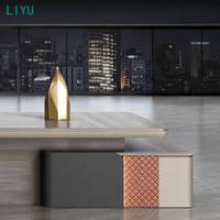 Luxury Dark Wood Contemporary Convertible Extendable Executive Office Desk with LED Wall Cabinet LIYU CEO Desk