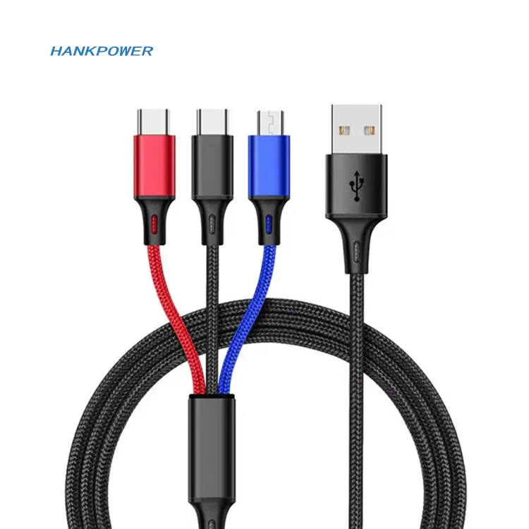 Nylon Braided 3ft 6ft 10ft 3 In 1 Kabel USB Charger Mikro 8pin Tipe C Kabel Pengisian Cepat untuk Ponsel