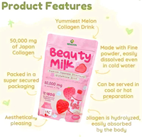 Boisson au collagène Beauty Milk avec extrait de fraise japonaise, 50 000 mg, supplément éclaircissant UV et anti-âge pour une peau éclatante