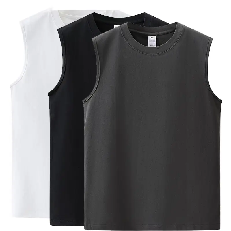 अमेरिकी शैली भारी ठोस रंग कपास बिना आस्तीन टी शर्ट 210G बनियान पुरुषों की गर्मियों कसरत खेल दौर गर्दन टी शर्ट कस्टम लोगो