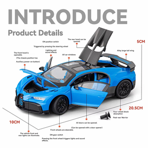 Voitures miniatures en métal 1:24 Bugatti Chiron avec son et lumière, modèle de supercar jouet à piles à rétrofriction, décoration de véhicule - Product Image 3