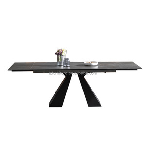Mesa de Comedor Rectangular Moderna de Piedra Sinterizada, Extensible, con Tapa de Losa de Roca Negra, Base Metálica en Forma de X, para 6-10 Personas, Muebles de Restaurante - Product Image 5