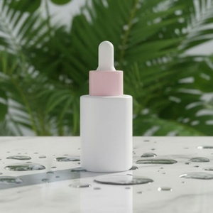 Flacon compte-gouttes en verre blanc pour huiles essentielles, 1 oz (30 ml), avec bouchon rose et options de couleur personnalisées, impression de logo sur mesure - Product Image 1