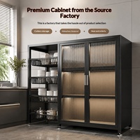 Meuble de rangement de cuisine haut en acier au carbone inoxydable contemporain, étagère multi-niveaux, unité de garde-manger avec porte en verre ondulé, support pour ustensiles de cuisine