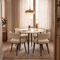 Ensemble de salle à manger rond moderne de luxe léger avec chaises rembourrées en velours doux et table en pierre frittée pour espaces de réception/réunions