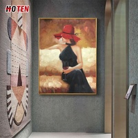 Peintures à l'huile sur toile de fille au chapeau rouge, style abstrait peint à la main, art mural pour la décoration intérieure, coloriage pour femmes, tiroirs