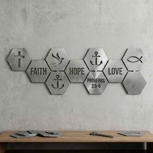 Arte Mural Metálico Cristiano Modular, Hexágonos de Acero Reciclado Cortados con Láser, con Versículos Bíblicos y Símbolos Religiosos para Decoración del Hogar - Product Image 4
