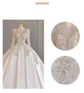 Nuovo Abito da <span class=keywords><strong>Sposa</strong></span> Estivo a Maniche Lunghe con Ricche Applicazioni di Perline, Scollo a V in Raso, Texture Avanzata, Stile Francese - Product Image 6