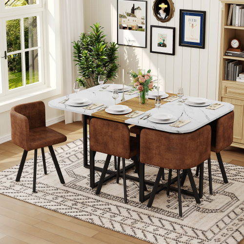 White Wood Rectangular Table + Brown Chair + Seats 6