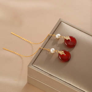 Boucles d'oreilles pendantes vintage pour femmes, longues franges en agate et perles naturelles - Product Image 3