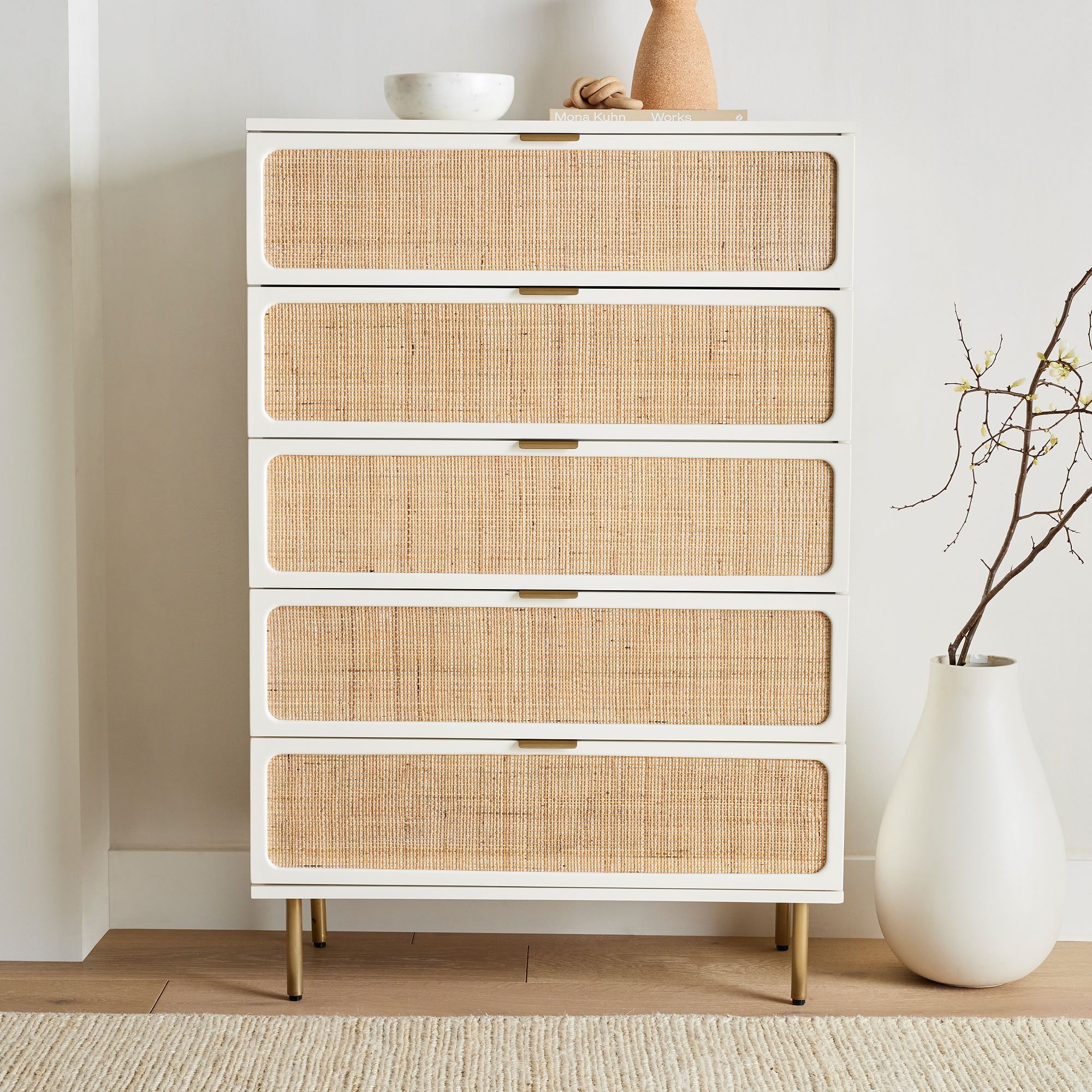Modern Tall White Solid Wood Rattan Weaving Black Dresser 5 Drawer Storage Chest Of Drawers Bedroom Dressers