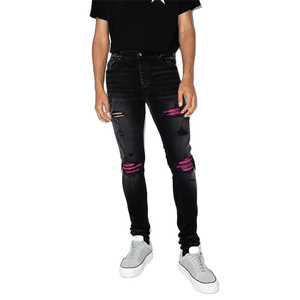 Jeans déchirés pour hommes DiZNEW, noirs, avec des déchirures aux <span class=keywords><strong>genoux</strong></span> et des patchs violets - Product Image 4